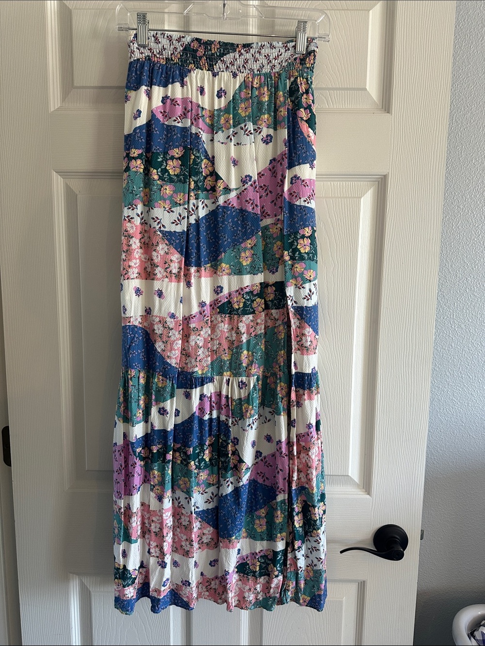 lovestitch White Floral Patchwork Maxi Skirt with Blue, Purple, Pink